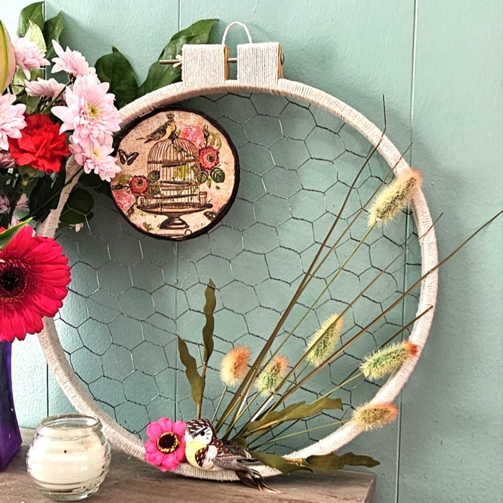 Handmade Decorative Floral Hoop with Birdcage Design wall hanging